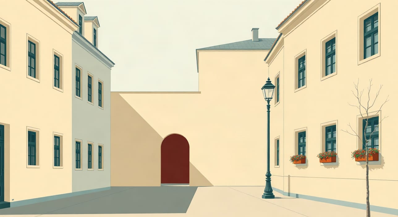 Gouache-Illustration einer ruhigen Wiener Fassadenfolge mit Rundbogen und Hof.