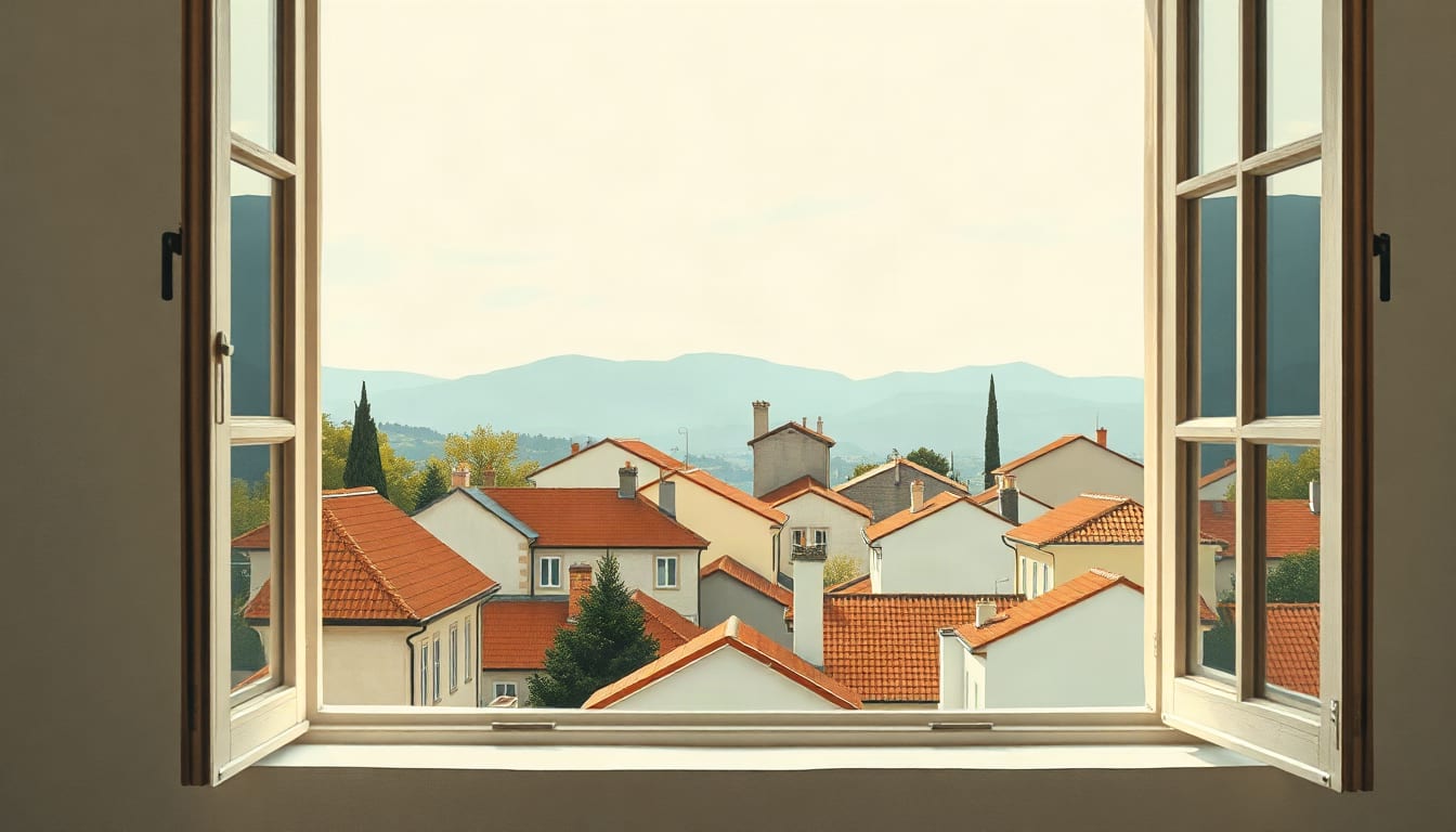 Gouache-Illustration eines weiten Blicks aus einem offenen Fenster über Dächer und Gärten zu fernen Hügeln.
