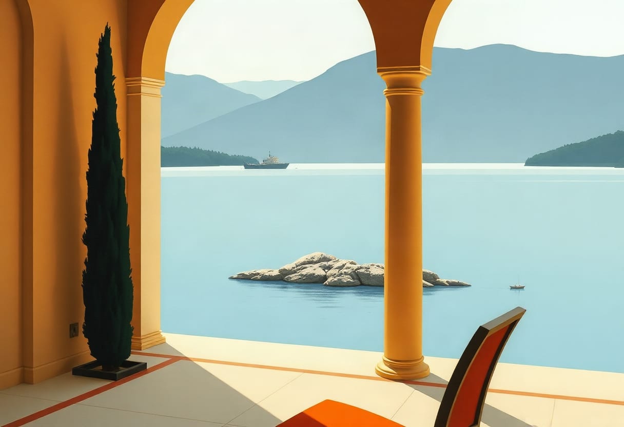 Gouache-Illustration einer Loggia mit Blick auf einen See und eine dunkle Zypresse.