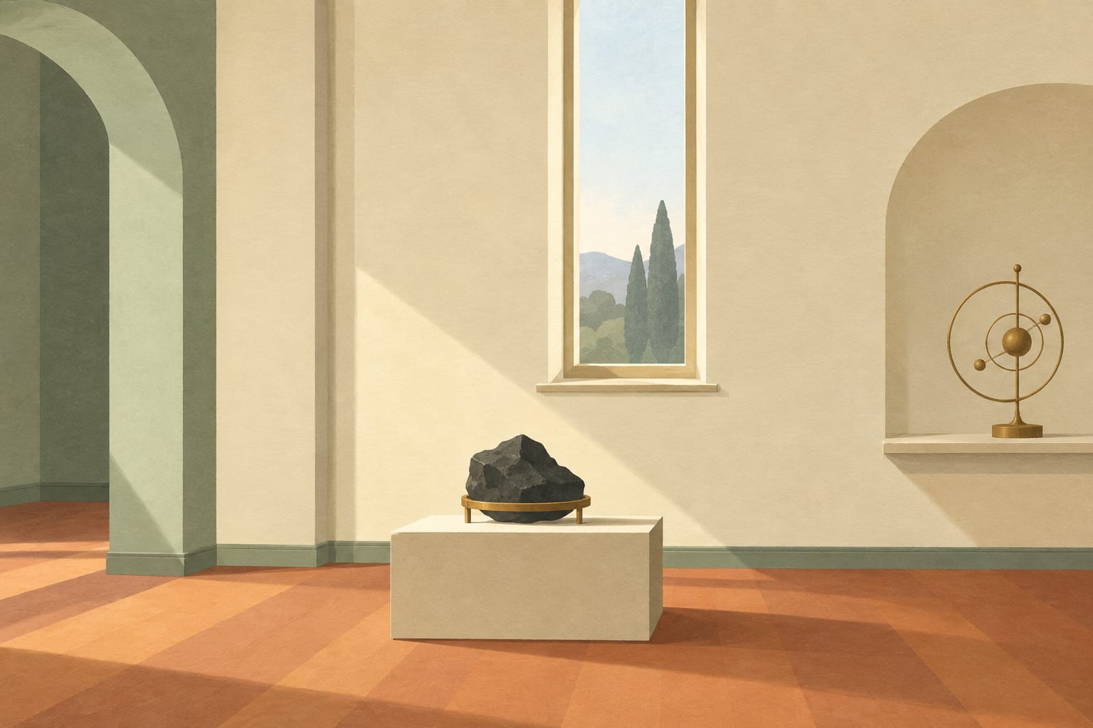 Gouache-Illustration eines stillen Museumsraums mit dunklem Stein und goldfarbener Planetenuhr.
