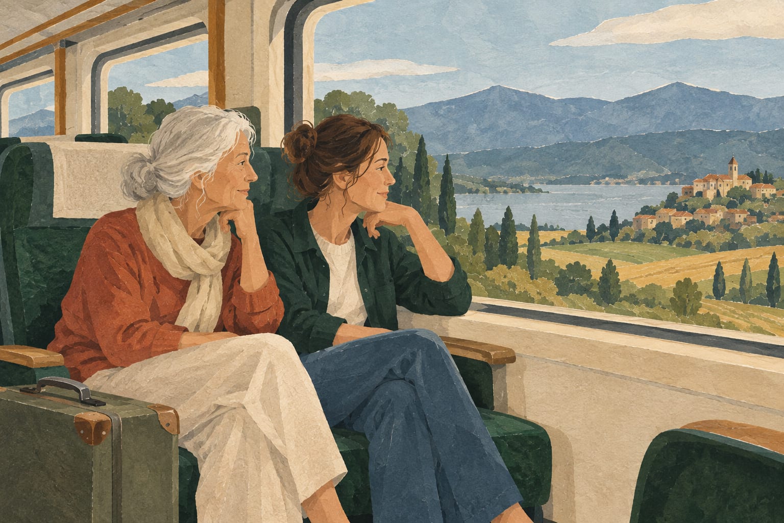 Gouache-Illustration einer älteren Reisenden und ihrer Begleiterin im Zug, beide schauen gemeinsam auf eine Landschaft.