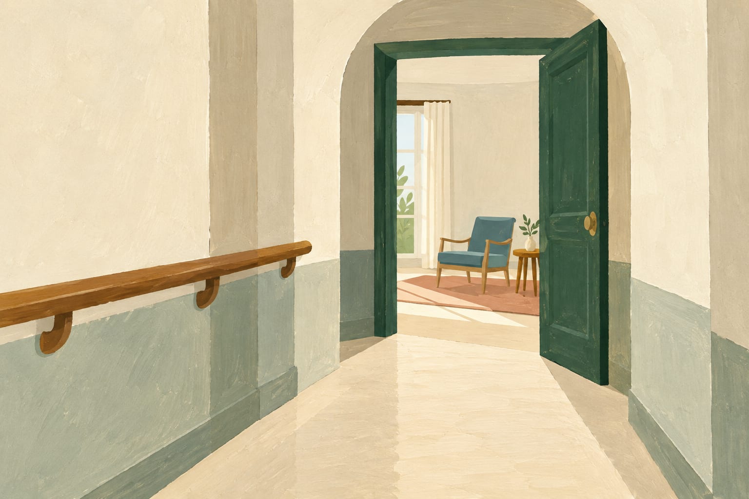 Gouache-Illustration eines historischen Hotelflurs mit offenem Zimmer, ebenem Übergang und einem schlichten Handlauf.